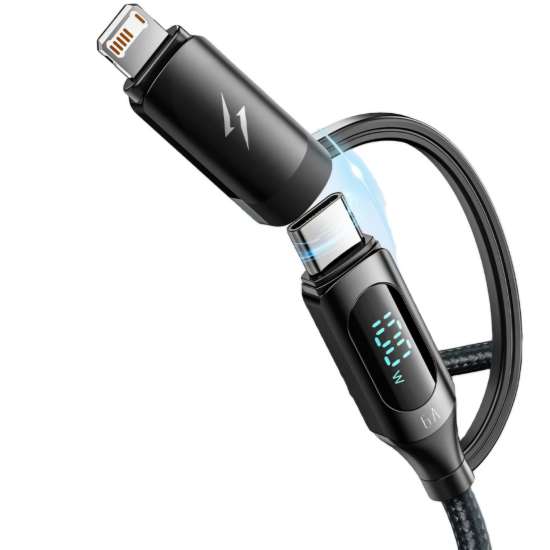 6A Fast Charge 2 In 1 Convertible Cable With Digital Display (1M Black)