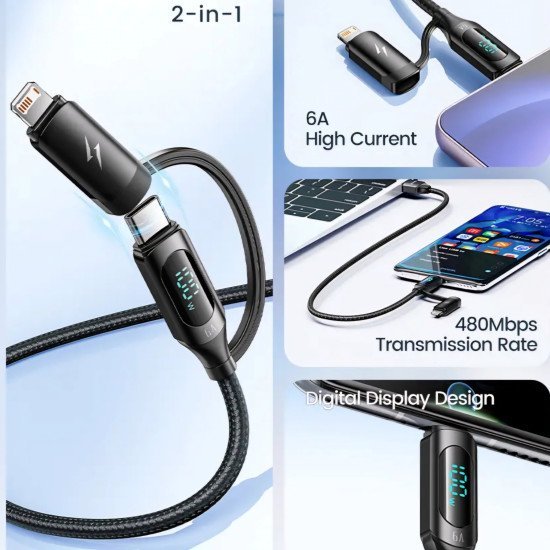 6A Fast Charge 2 In 1 Convertible Cable With Digital Display (1M Black)