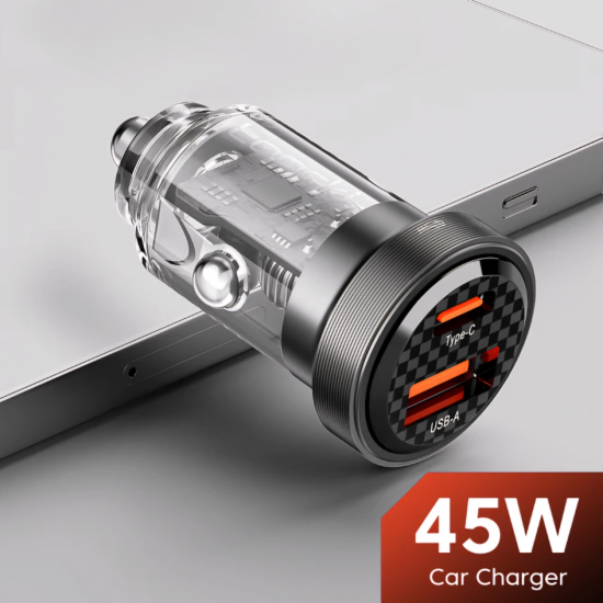 45W Dual Port PD Car Phone Charger Adapter (Transparent) 45W Dual Port PD Car Phone Charger Adapter (Transparent)