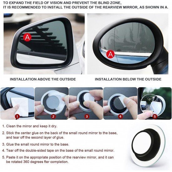 Frameless Blind Spot Rear View Convex Mirror -360° Adjustable & Anti Scratch (Pack of 2) Frameless Blind Spot Rear View Convex Mirror -360° Adjustable & Anti Scratch (Pack of 2)