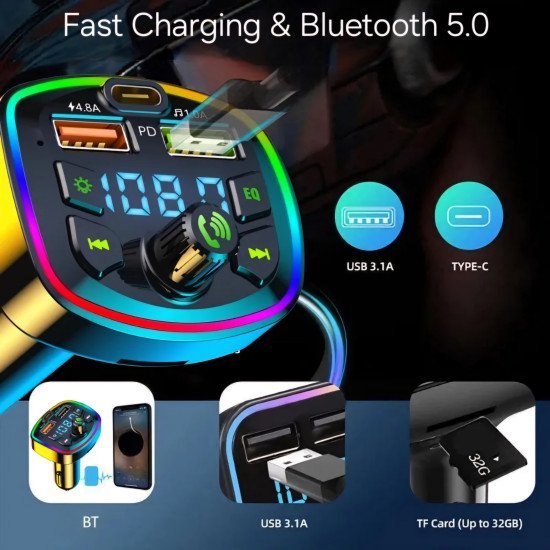 Bluetooth FM Transmitter, 3.1Amp PD Car Fast Charger