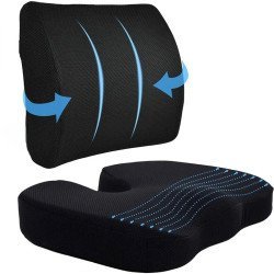 Ergonomic Memory Foam Lumber Support With Car Seat Cushion - Mesh Fabric (Black)