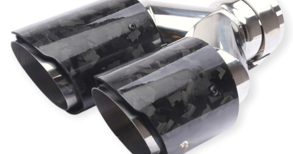 Forged carbon fiber dual exhaust tip, side angle product shot