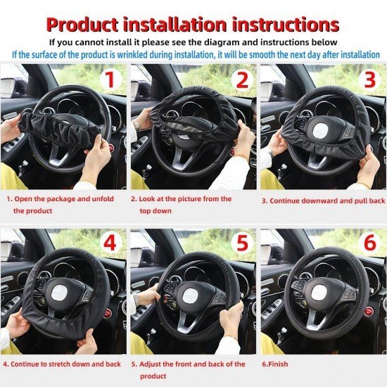 Black PU Leather Expandable Steering Wheel Cover 38CM 3 Colors – Black, Black Blue & Black Red