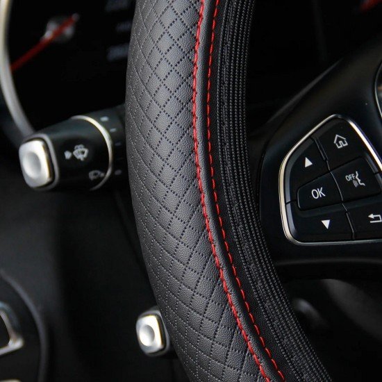Black PU Leather Expandable Steering Wheel Cover 38CM 3 Colors – Black, Black Blue & Black Red