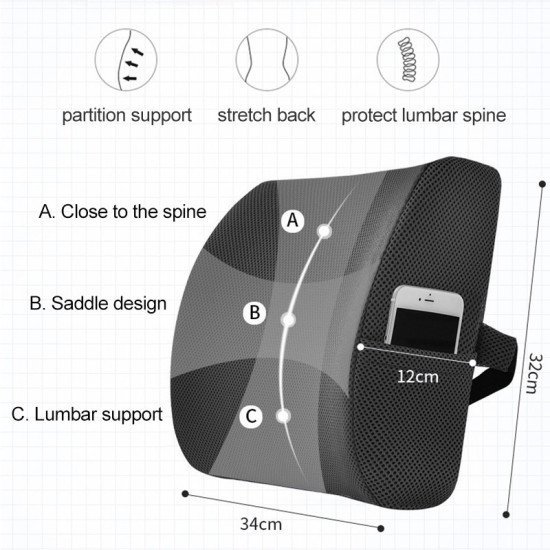 Ergonomic Memory Foam Lumber Support With Car Seat Cushion - Mesh Fabric (Black)