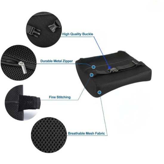 Ergonomic Memory Foam Lumber Support With Car Seat Cushion - Mesh Fabric (Black)