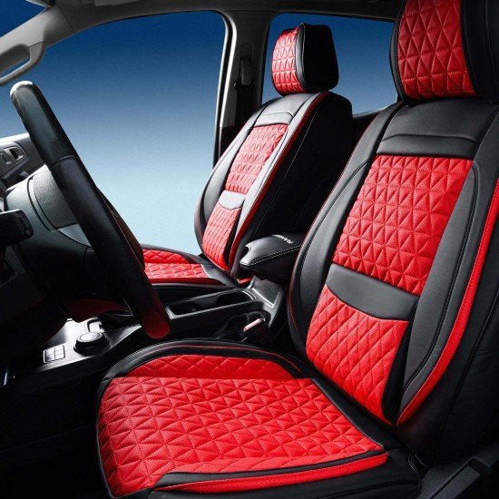Premium Nappa Leather Diamond Cut Universal Fit Car Seat Covers (5 Seater Set) Black/Red