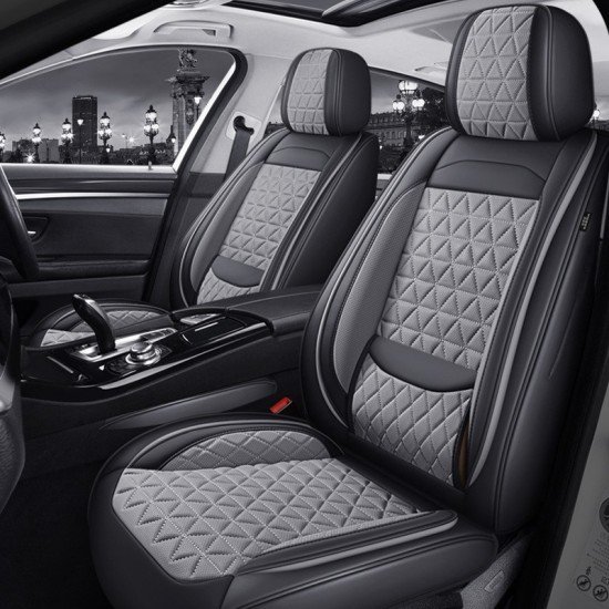 Premium Nappa Leather Diamond Cut Universal Fit Car Seat Covers (5 Seater Set) Grey/Black