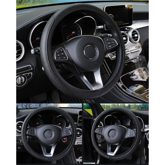 Black PU Leather Expandable Steering Wheel Cover 38CM 3 Colors – Black, Black Blue & Black Red
