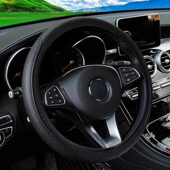 Black PU Leather Expandable Steering Wheel Cover 38CM 3 Colors – Black, Black Blue & Black Red