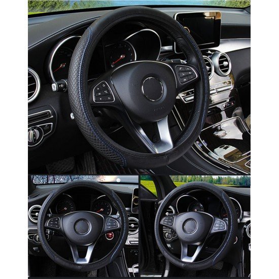Black PU Leather Expandable Steering Wheel Cover 38CM 3 Colors – Black, Black Blue & Black Red