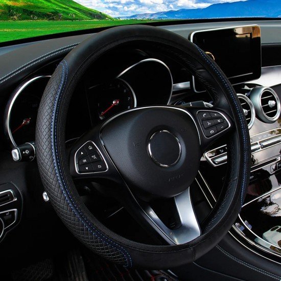 Black PU Leather Expandable Steering Wheel Cover 38CM 3 Colors – Black, Black Blue & Black Red