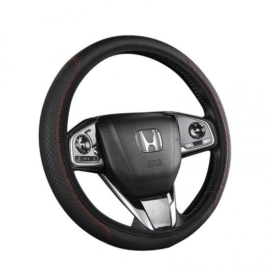 Black PU Leather Expandable Steering Wheel Cover 38CM 3 Colors – Black, Black Blue & Black Red