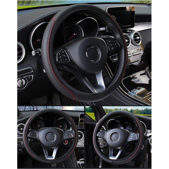 Black PU Leather Expandable Steering Wheel Cover 38CM 3 Colors – Black, Black Blue & Black Red