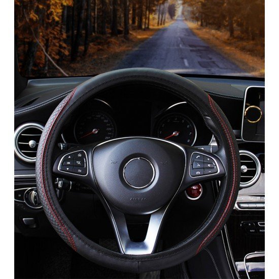 Black PU Leather Expandable Steering Wheel Cover 38CM 3 Colors – Black, Black Blue & Black Red