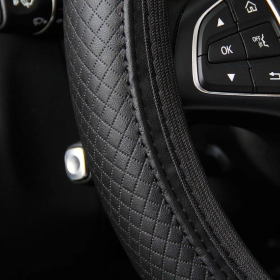 Black PU Leather Expandable Steering Wheel Cover 38CM 3 Colors – Black, Black Blue & Black Red