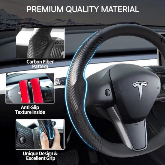 Carbon Fiber Steering Wheel Cover for Tesla 3 & Y (Black)