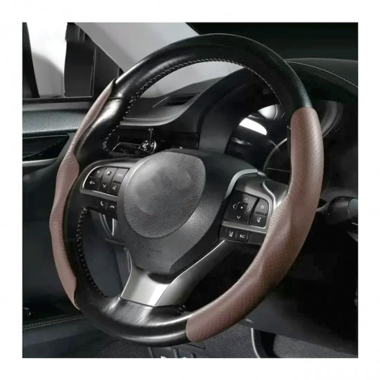 Anti Slip Nappa Leather Steering Wheel Cover - Universal Fit (Coffee)